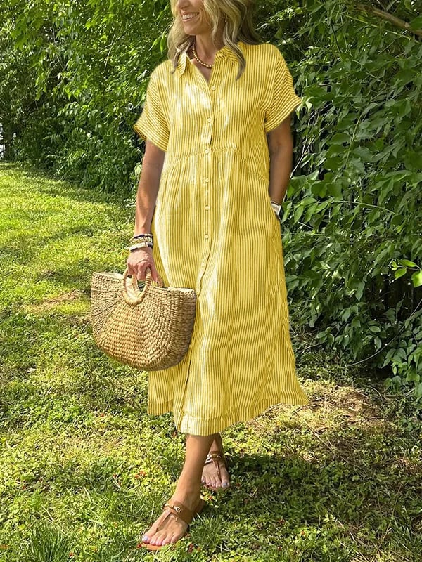 Linen Maxi Dress Women's Short Sleeve V-Neck Loose Fit Casual Shirt Dress