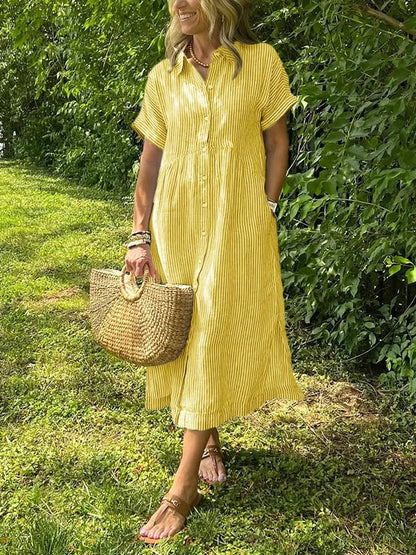 Linen Maxi Dress Women's Short Sleeve V-Neck Loose Fit Casual Shirt Dress