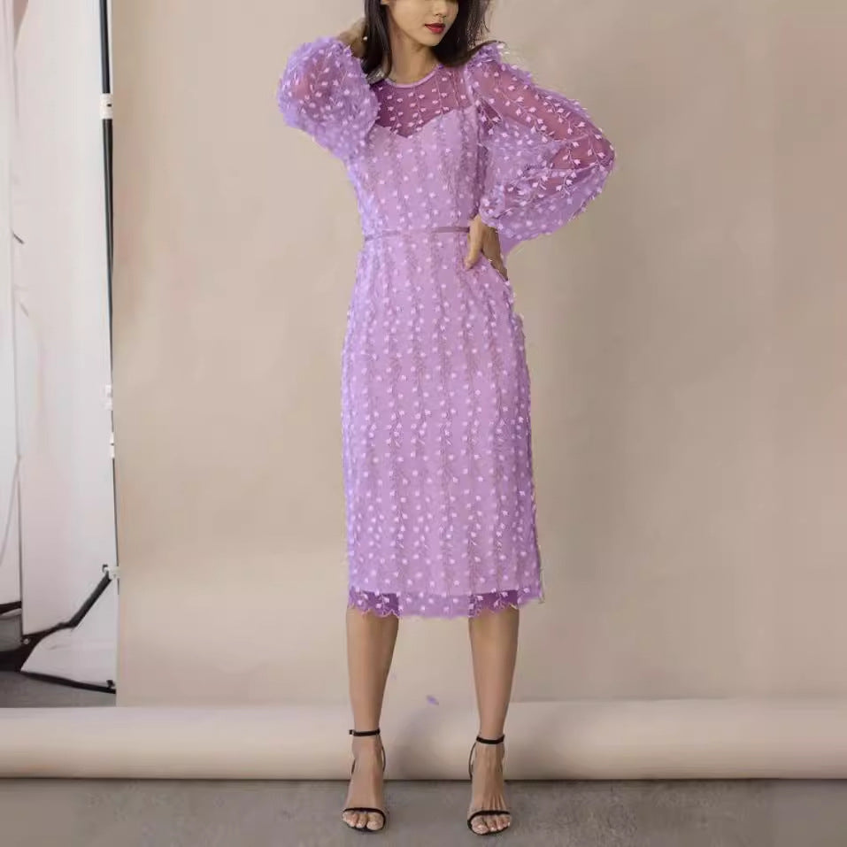Damen Transparentes Kleid mit Transparenten Puffärmeln und Blumenstickerei