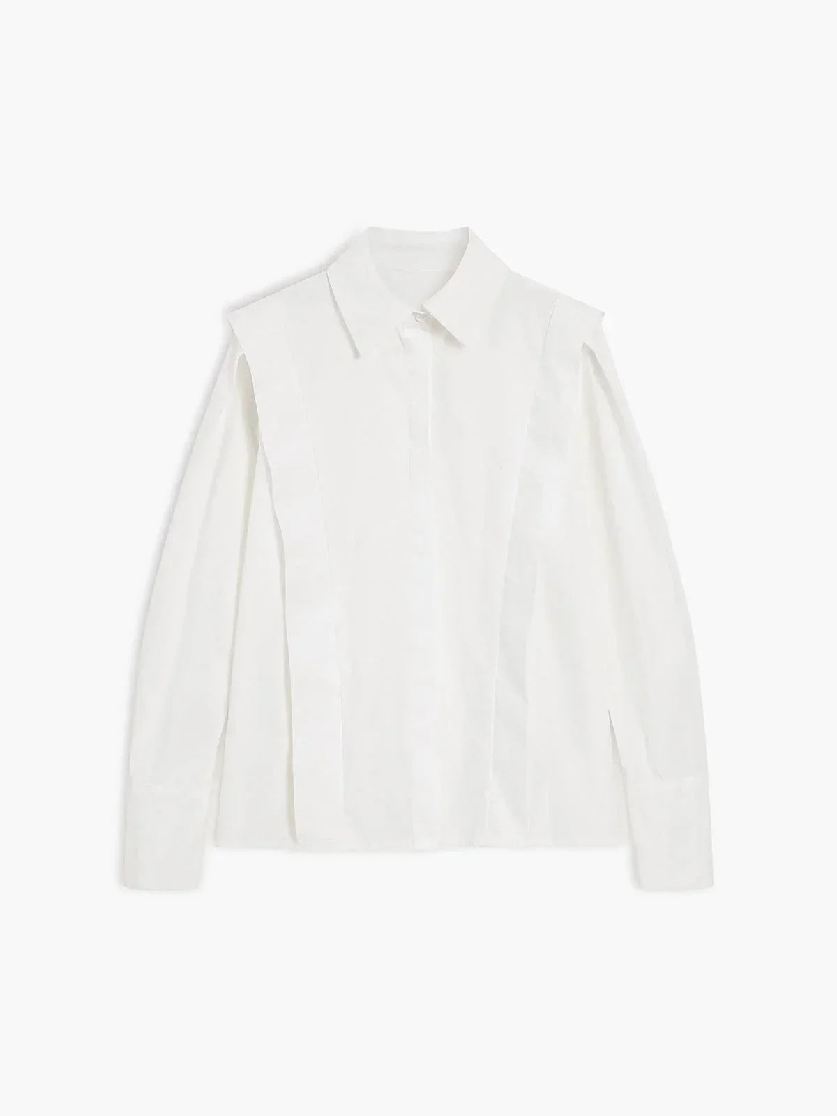 Women's white oversized shirt with structured shoulders and V-neck