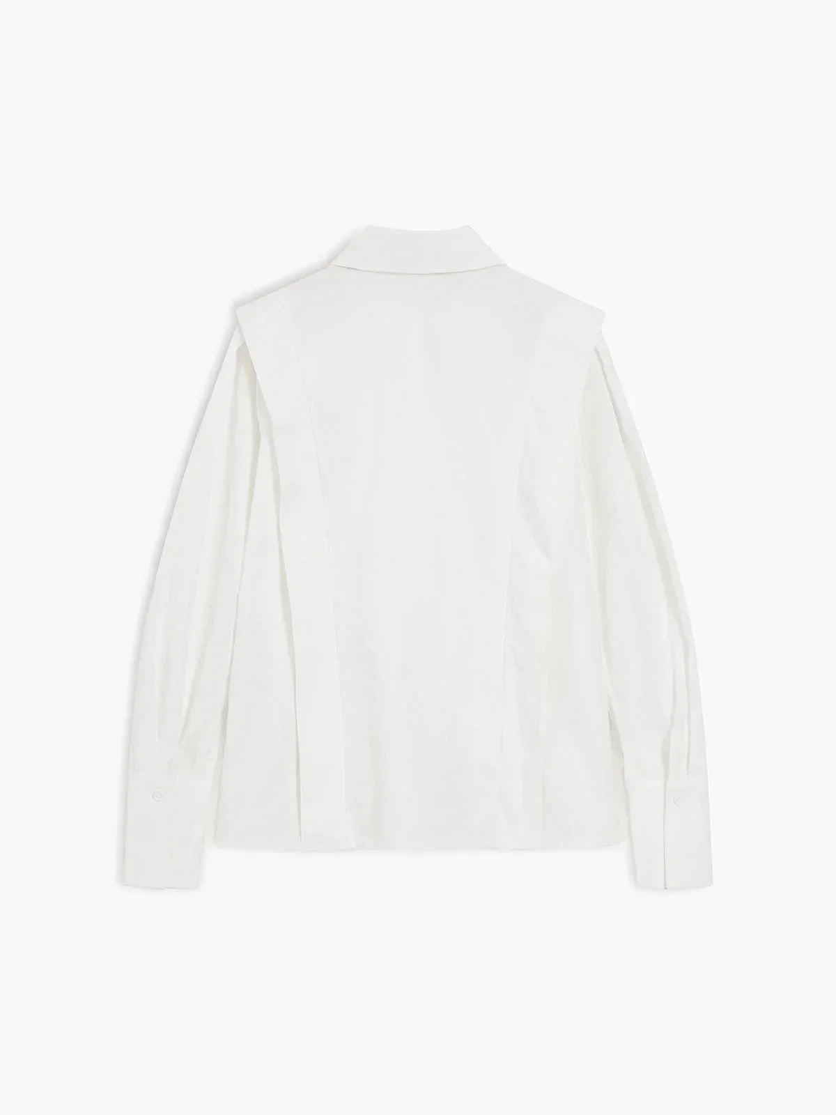 Women's white oversized shirt with structured shoulders and V-neck