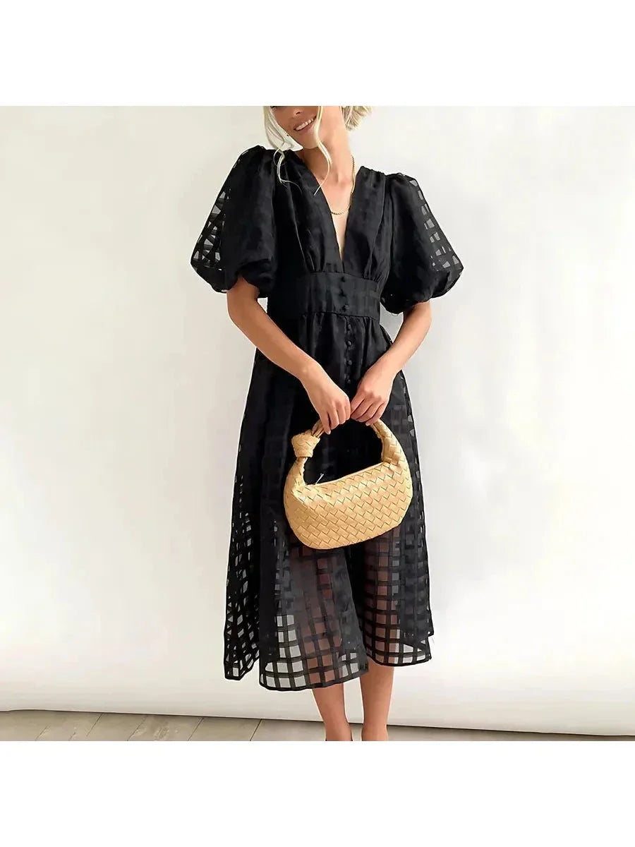 Madison | Women's Mini Dress With V-Neck And Puff Sleeves | Elegant