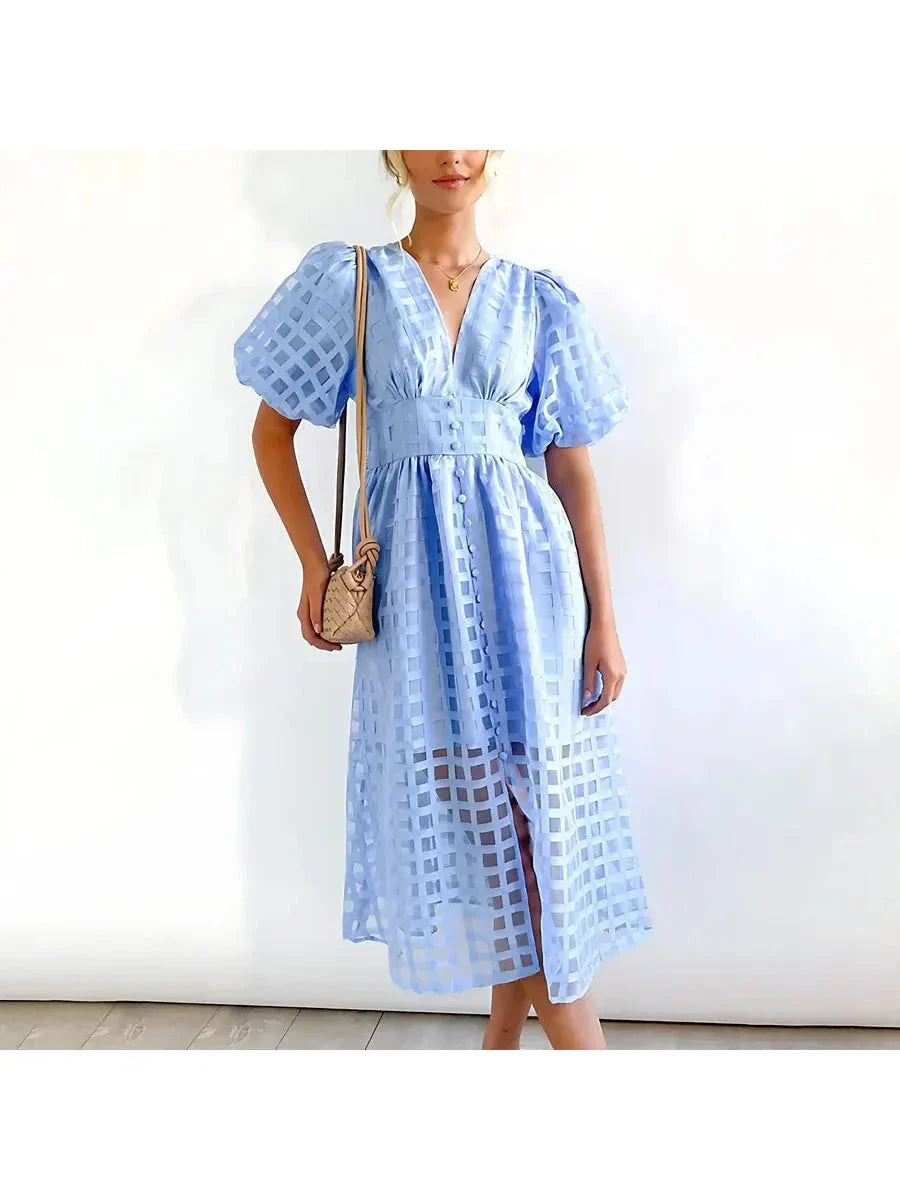 Madison | Women's Mini Dress With V-Neck And Puff Sleeves | Elegant
