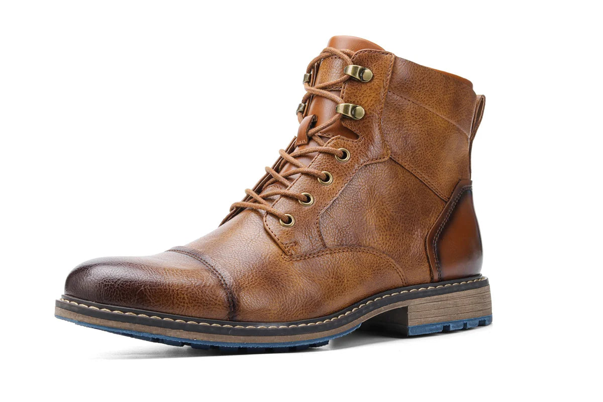 Men’s Retro Leather Ankle Boots | Zip & Lace Fastening | Rugged Style with Metal Accents