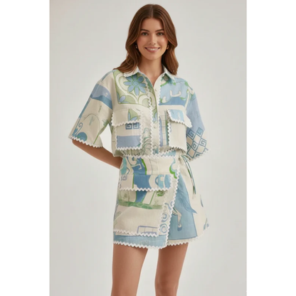 Clara | Damen Zweiteiler Mit Shorts Und Patchwork Für Freizeit