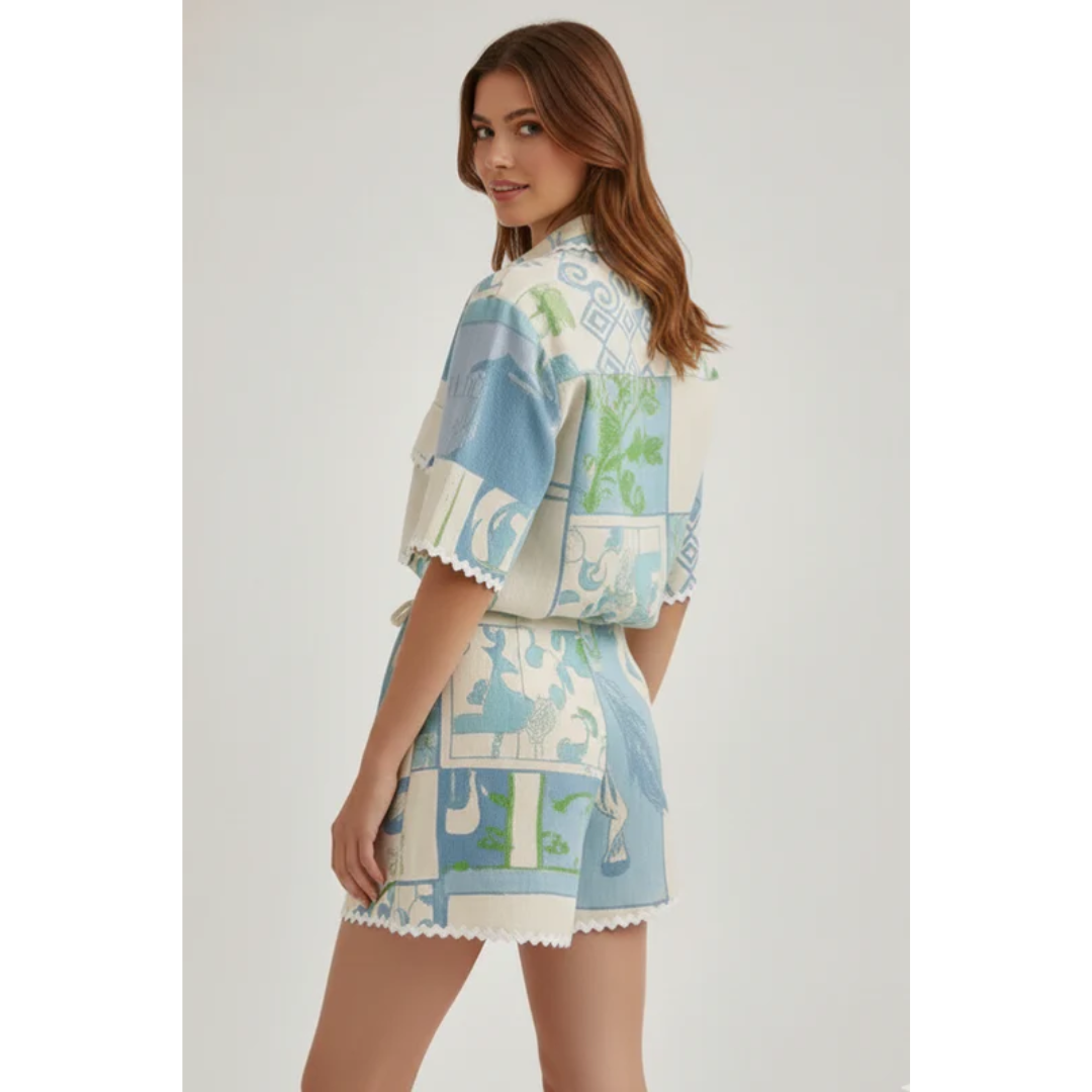 Clara | Damen Zweiteiler Mit Shorts Und Patchwork Für Freizeit