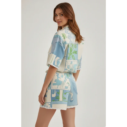Clara | Damen Zweiteiler Mit Shorts Und Patchwork Für Freizeit