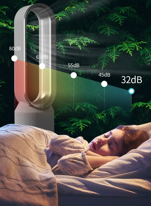 Enfant dormant paisiblement à côté d'un ventilateur sans pales Dyson, illustrant la réduction du bruit de 80dB à 32dB, fond de feuillage vert.
