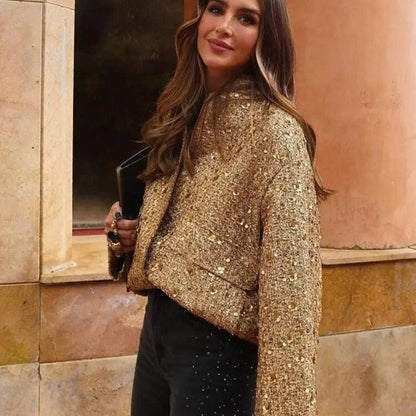 Adeline - Blouson aviateur à paillettes à manches longues avec boutons