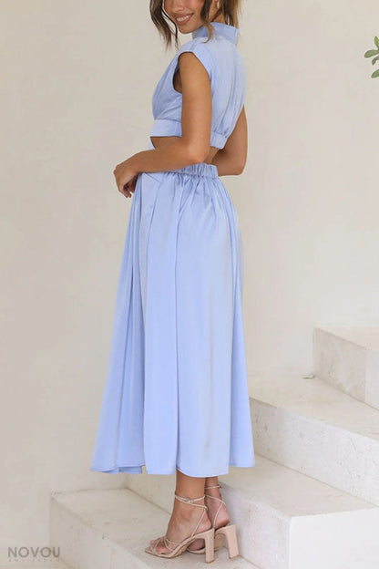 Trendy Midi Zomerjurk met Col en Taille Uitsparing – Avelina