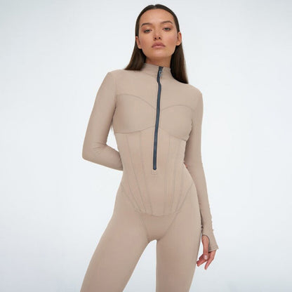Comfortable Catsuit with Zipper - Luna-Beige-S-Nora Luxe