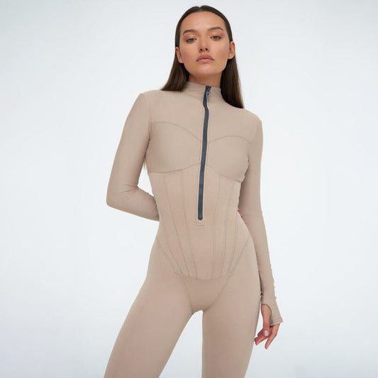 Comfortable Catsuit with Zipper - Luna-Beige-S-Nora Luxe