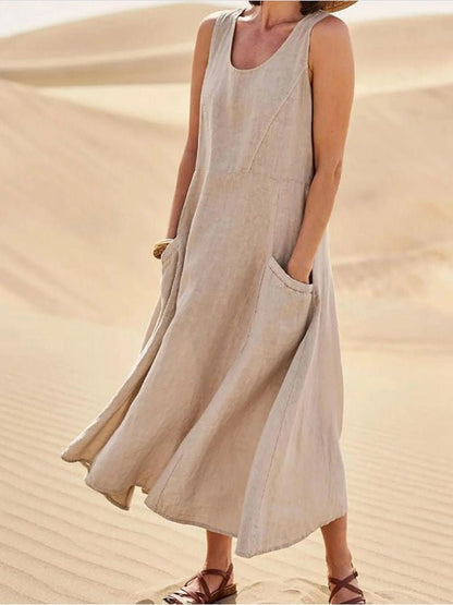 Women's Casual Sleeveless Maxi Dress Scoop Neck Pockets