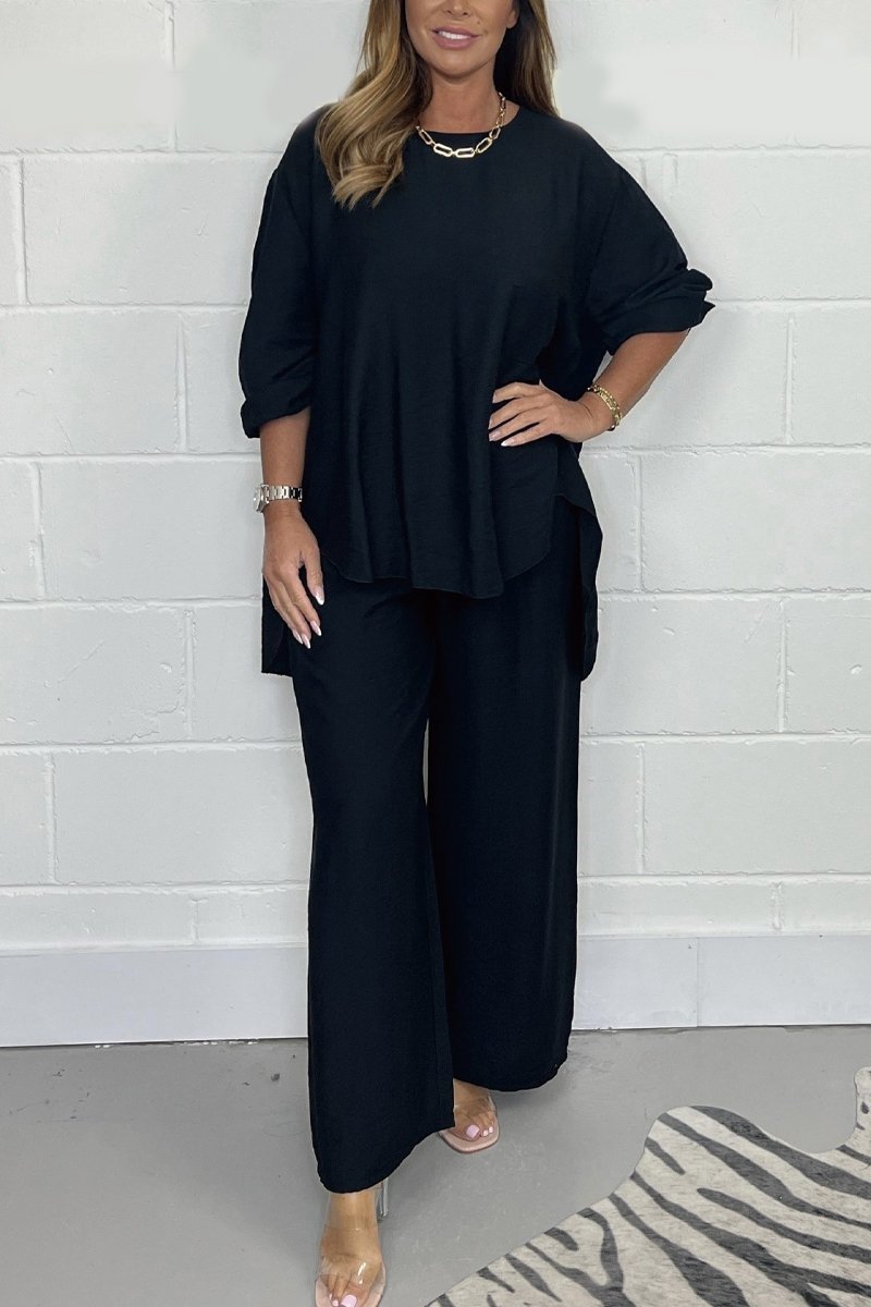 Ensemble Deux Pièces Bohème Élégant Femme – Haut Manches Courtes et Pantalon Taille Haute