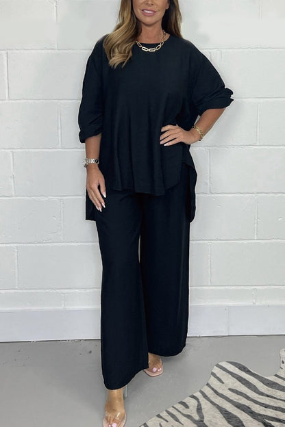 Ensemble Deux Pièces Bohème Élégant Femme – Haut Manches Courtes et Pantalon Taille Haute