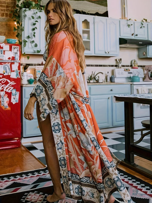 Czerwony kimono w kwiaty - Isabella-Czerwony Pomarańczowy-Jedna rozmiar-Trend Polska