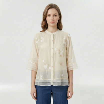 Blusa donna morbida con ricami floreali e colletto coreano casual