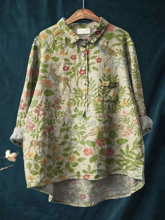 Damen Vintage Blumen Tiere Kunstdruck Lässiges Leinen Shirt