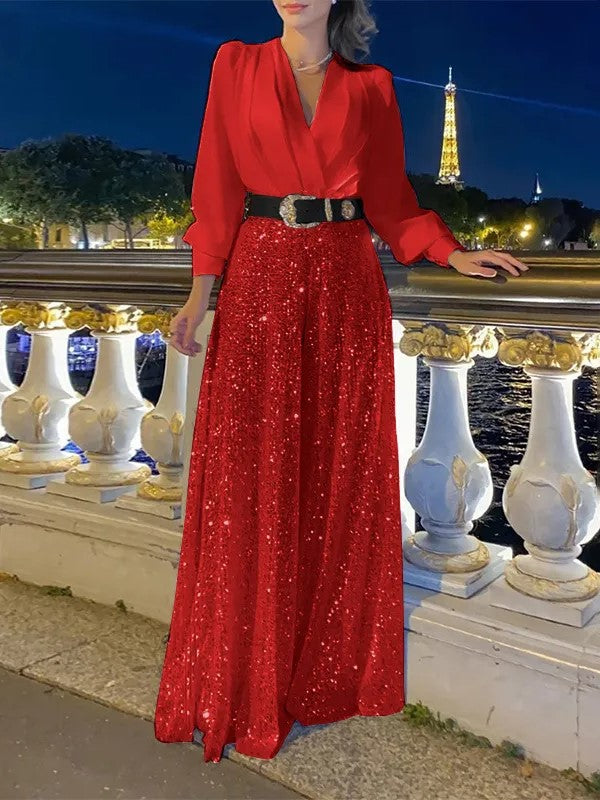 Chelsea | Elegante Langarmshirt mit Pailletten-Palazzo-Hose