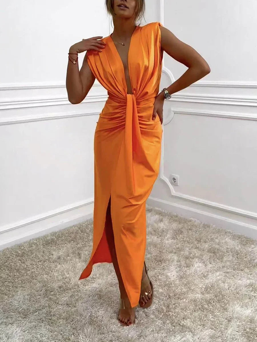 Jolira - Abito Midi Classico Con Spacco Drappeggiato Arricciato