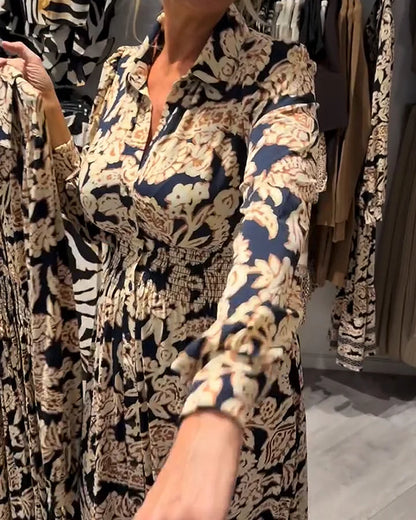 Elise™ - Vintage blomstrete skjortekjole med knyting i midjen