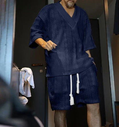 Men's Knit Two-Piece V-Neck Shirt Relaxed Fit Shorts Co-ord Set
