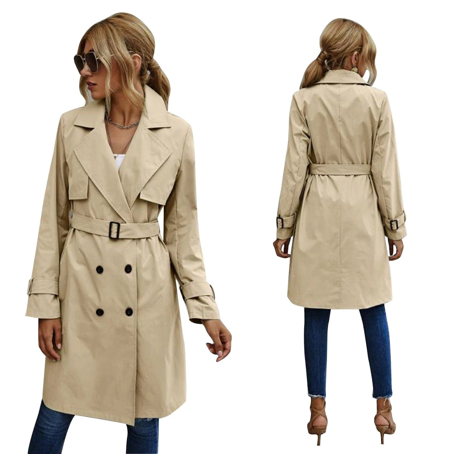 MEELANO Dame Knælængde Trenchcoat til Kvinder Casual Stilfuld Khaki
