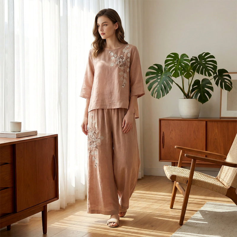 Selja | Zweiteiliges Baumwoll-Leinen-Set mit Vintage-Stickerei