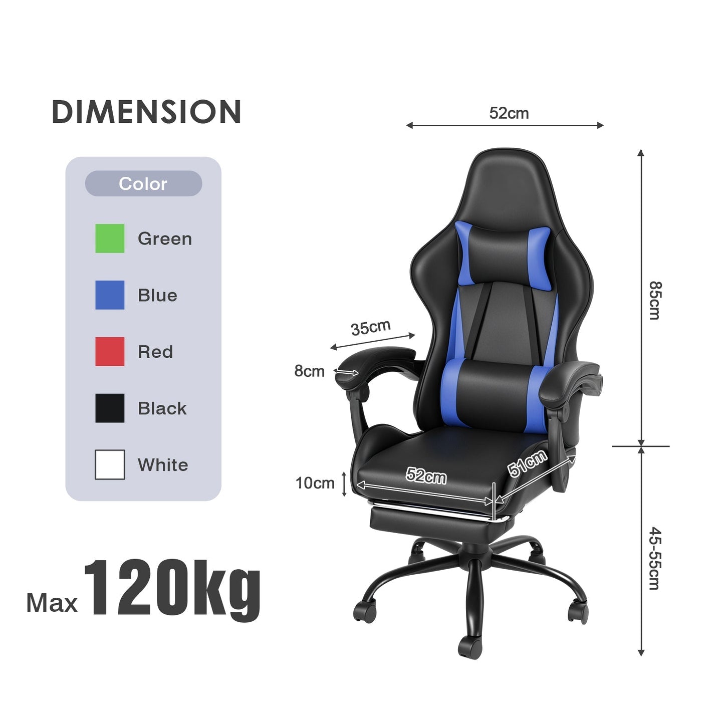 Gaming Stoel met Voetsteun en Verstelbare Rugleuning 135° – Ergonomische Bureaustoel PU Leer met Hoofd- en Lendenkussen | Restfield