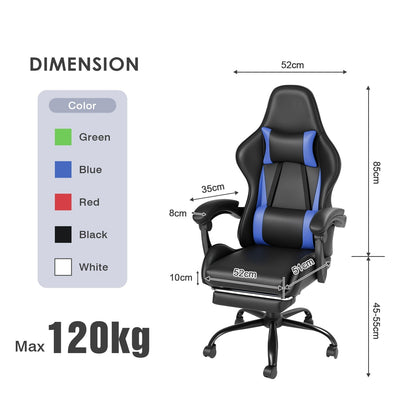 Gaming Stoel met Voetsteun en Verstelbare Rugleuning 135° – Ergonomische Bureaustoel PU Leer met Hoofd- en Lendenkussen | Restfield