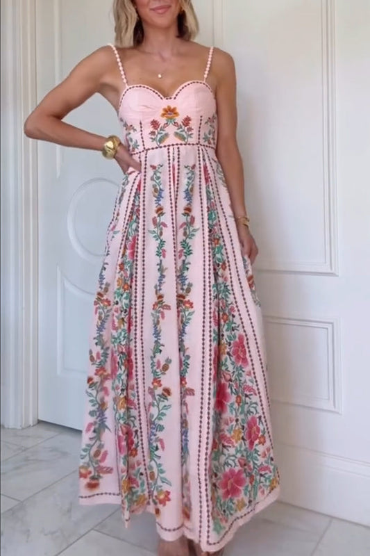 Faelira | Forest Print Beaded Strap Maxi Dress