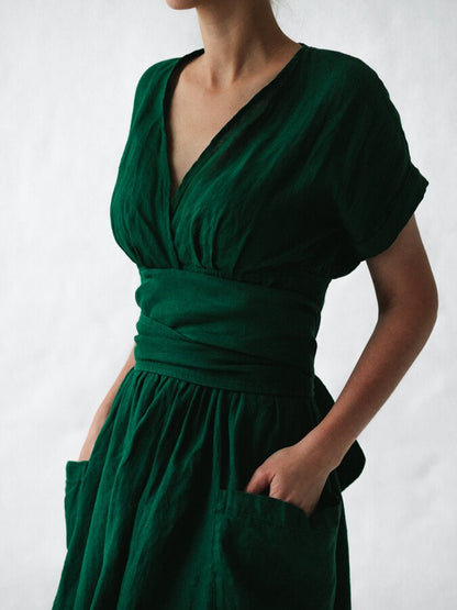 Elowiran - Linen Lace Up Dress