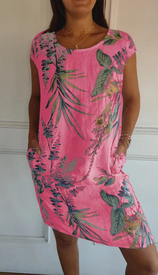 Women's Linen Tropical Print Shift Dress