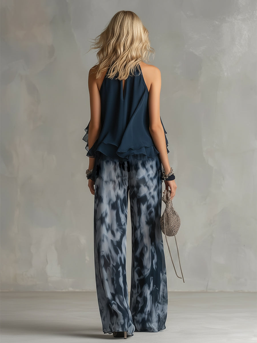 Lessie | Elegantes Chiffon-Set mit Neckholder-Top und weiter Print-Hose