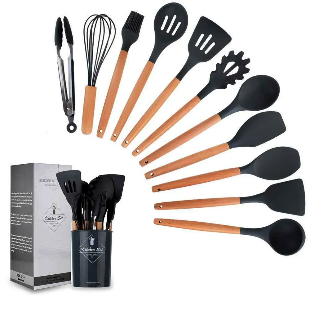 ChefEase – 12-Piece Silicone Kitchen Utensil Set with Wooden Handles