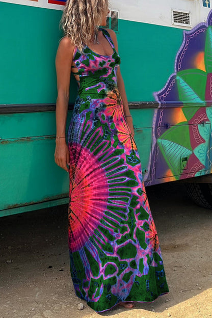 Junaria - Robe maxi avec imprimé tie-dye, lacée à l'arrière, extensible (avec soutien-gorge intégré)