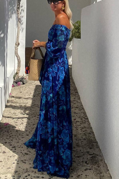 Λυδία | Μακρύ φόρεμα με λουλούδια και off-the-shoulder μανίκια