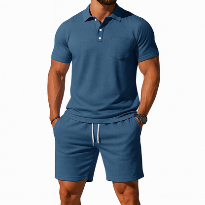Men's Knit Polo and Shorts Set Linen Blend Co-ord Two Piece Outfit