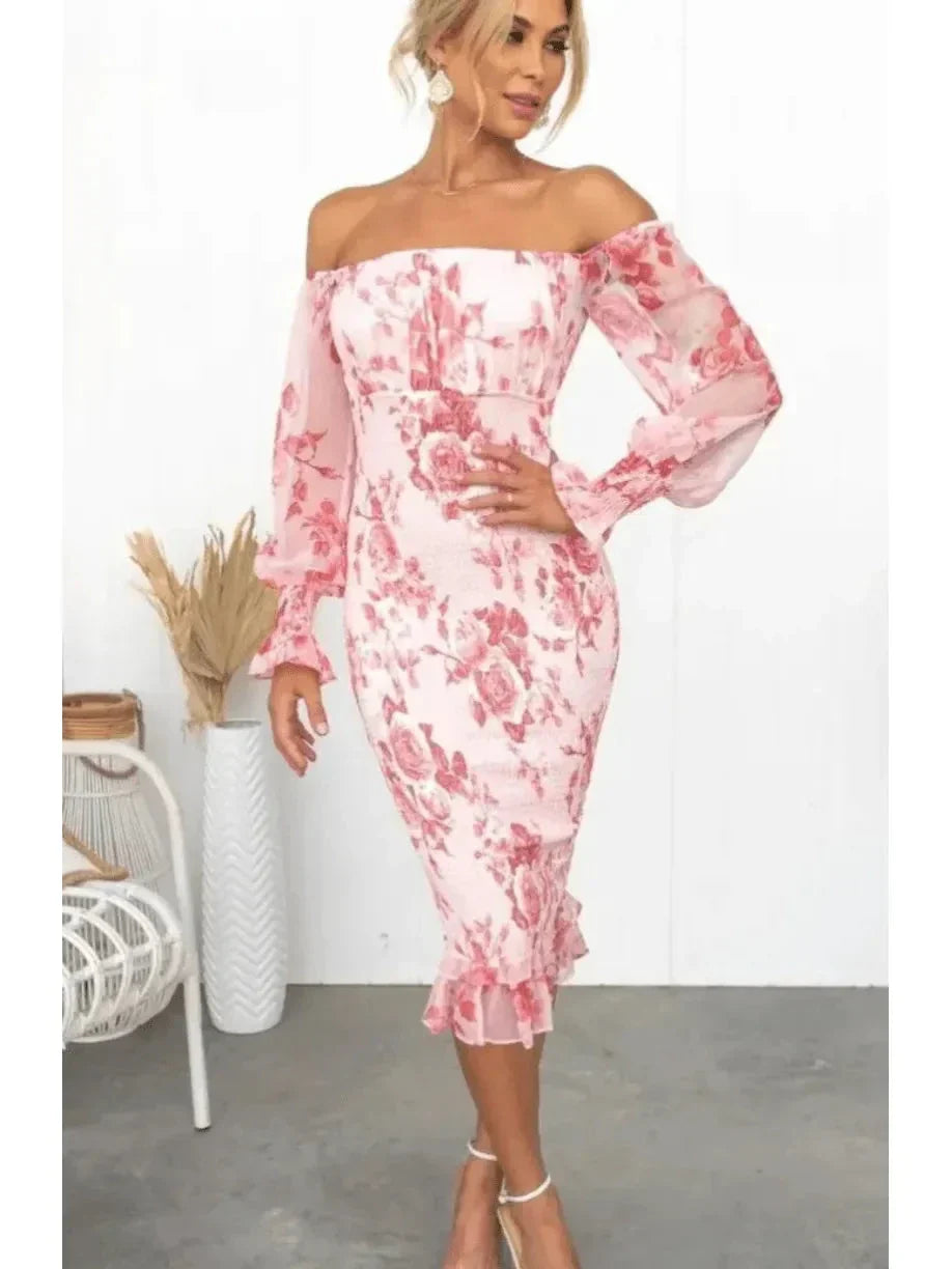 Sophia | Women's Midi Dress With Off Shoulder Neckline And Floral Print | Elegant