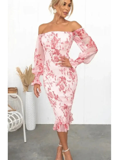 Sophia | Women's Midi Dress With Off Shoulder Neckline And Floral Print | Elegant