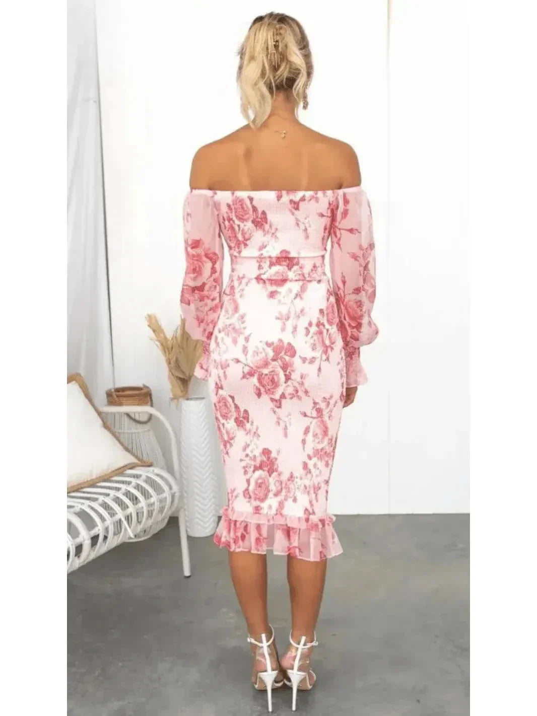 Sophia | Women's Midi Dress With Off Shoulder Neckline And Floral Print | Elegant