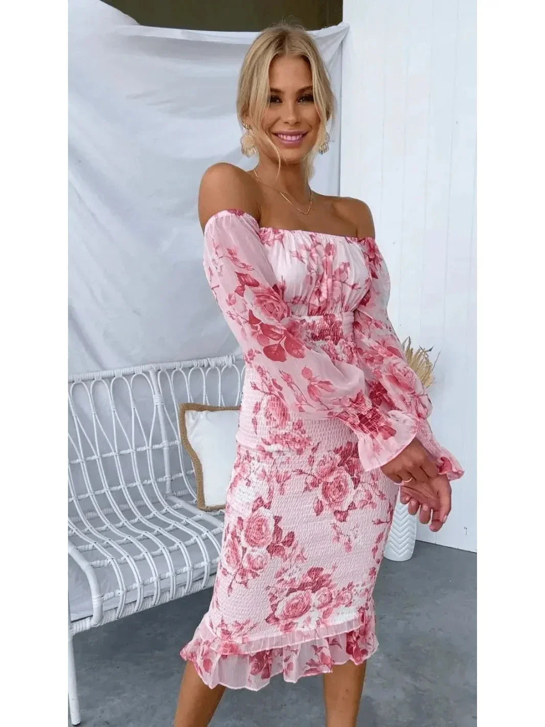 Sophia | Women's Midi Dress With Off Shoulder Neckline And Floral Print | Elegant