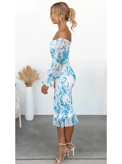 Sophia | Women's Midi Dress With Off Shoulder Neckline And Floral Print | Elegant