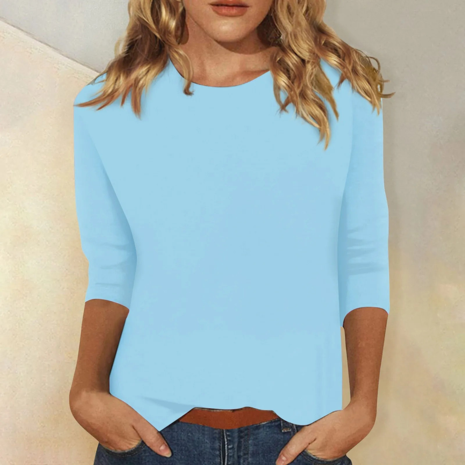 Damen Langarmshirt, hellblau, Baumwolle, lässig, modisch, bequem, Freizeitkleidung.