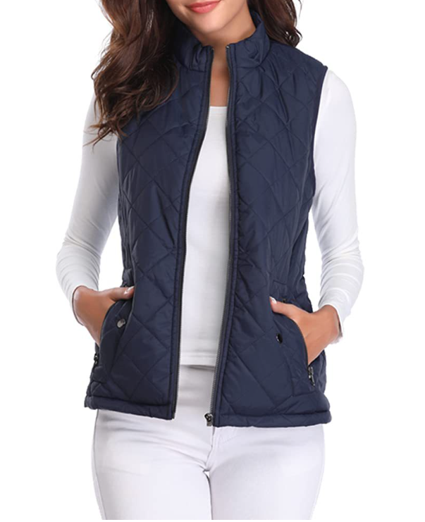 Damen Steppweste blau, ärmellos, Reißverschluss, Freizeitmode, Herbstbekleidung.