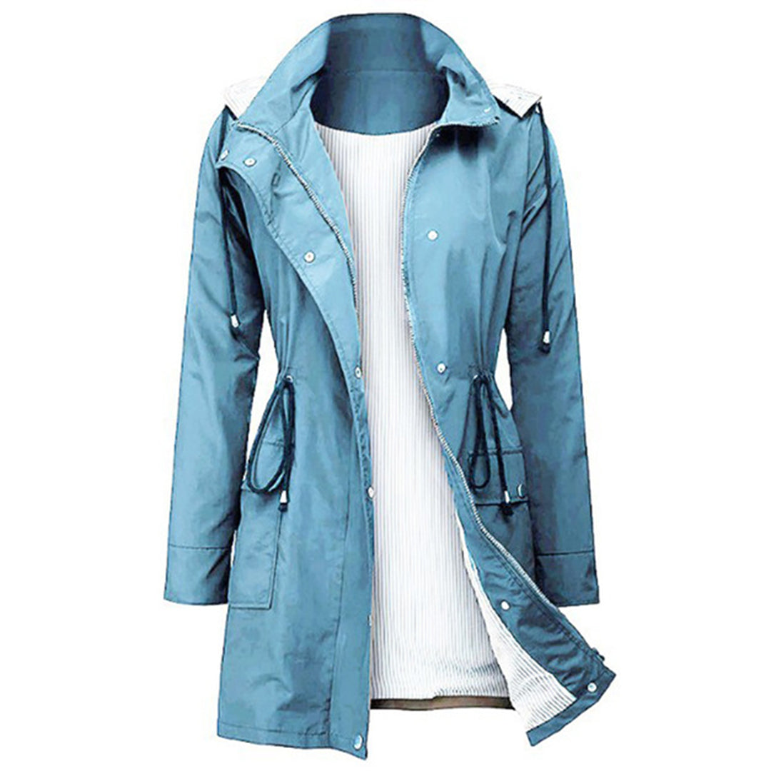 Damen-Windjacke blau, wasserabweisend, Kapuze, Kordelzug, Outdoor-Bekleidung, modisch.