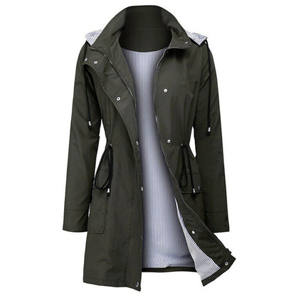 Damen-Windjacke, olivgrün, mit Kapuze, Kordelzug, gestreiftes Innenfutter, wasserabweisend.