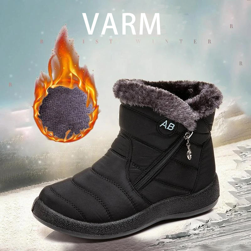 Botte d'hiver noire pour femme avec doublure en fourrure, fermeture éclair latérale, semelle antidérapante, idéale pour temps froid.