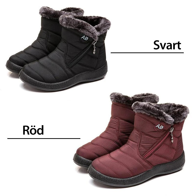 Deux paires de bottes d'hiver imperméables pour femmes, noires et rouges, avec doublure en fourrure et fermeture éclair latérale. Chaussures chaudes et confortables.