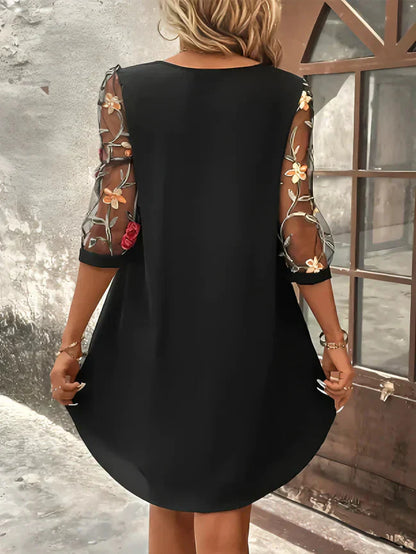 Elythra - Womens Mini Dress With Embroidered Mesh Sleeves
